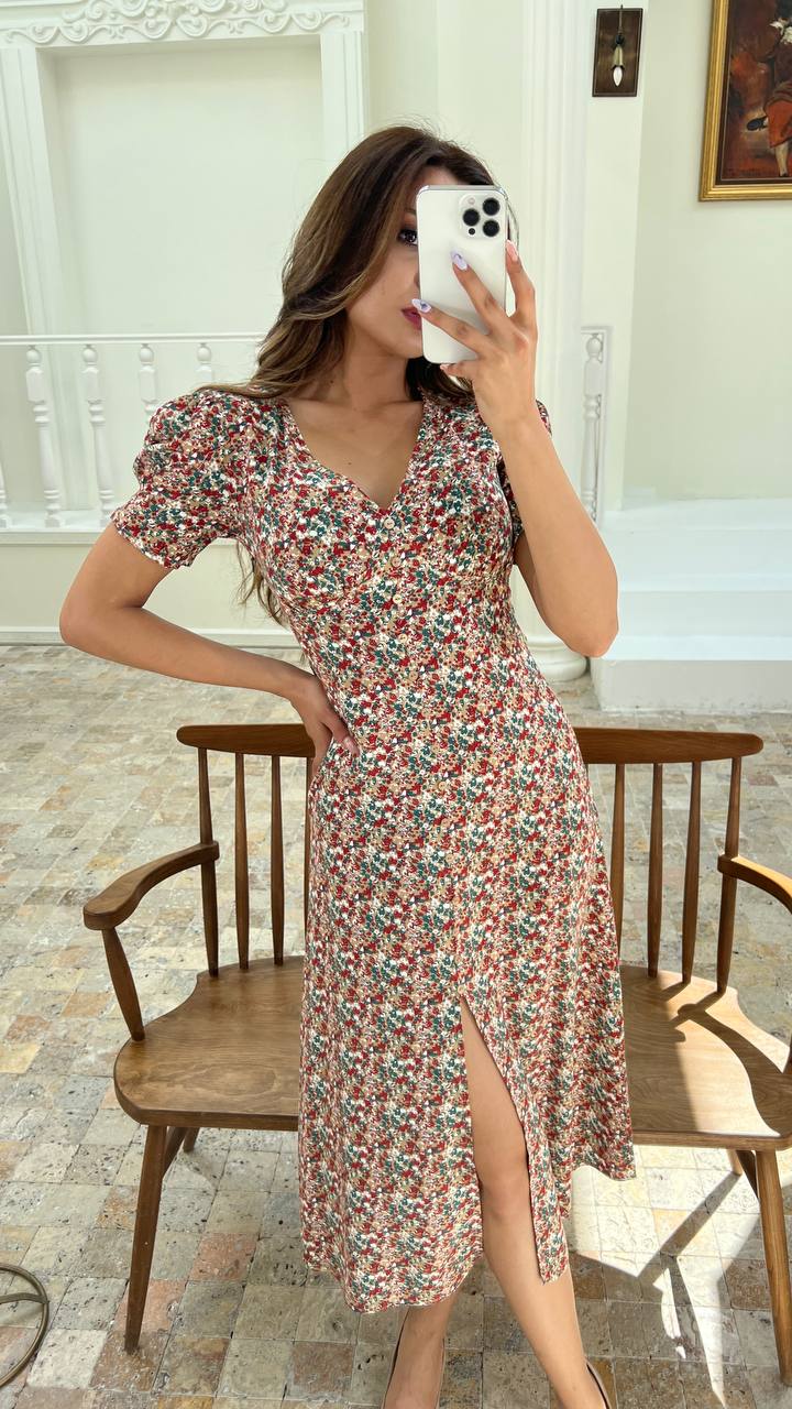 Button Through Balloon Sleeve Midi Dress in Floral Print - trendynow