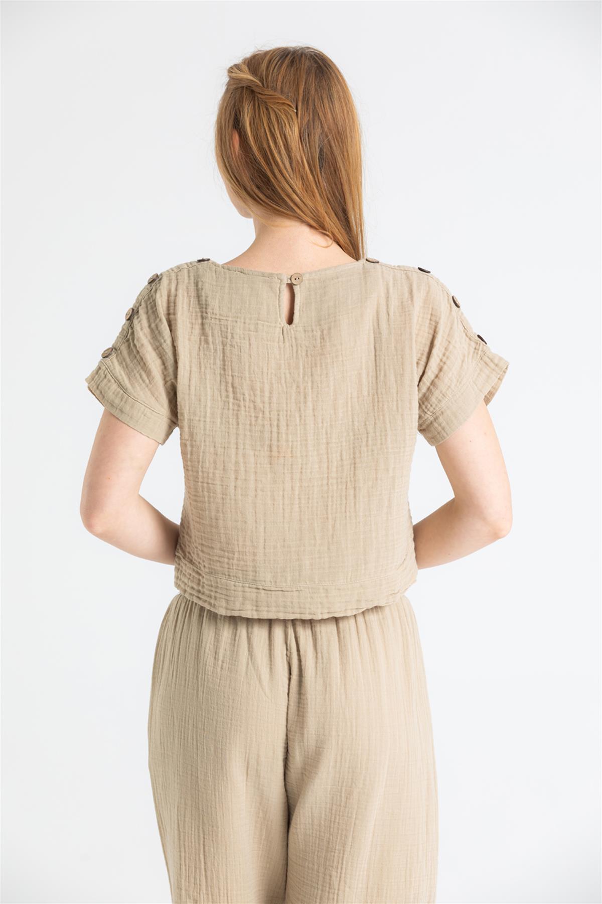 Button Trim Short Sleeve Muslin Blouse - trendynow