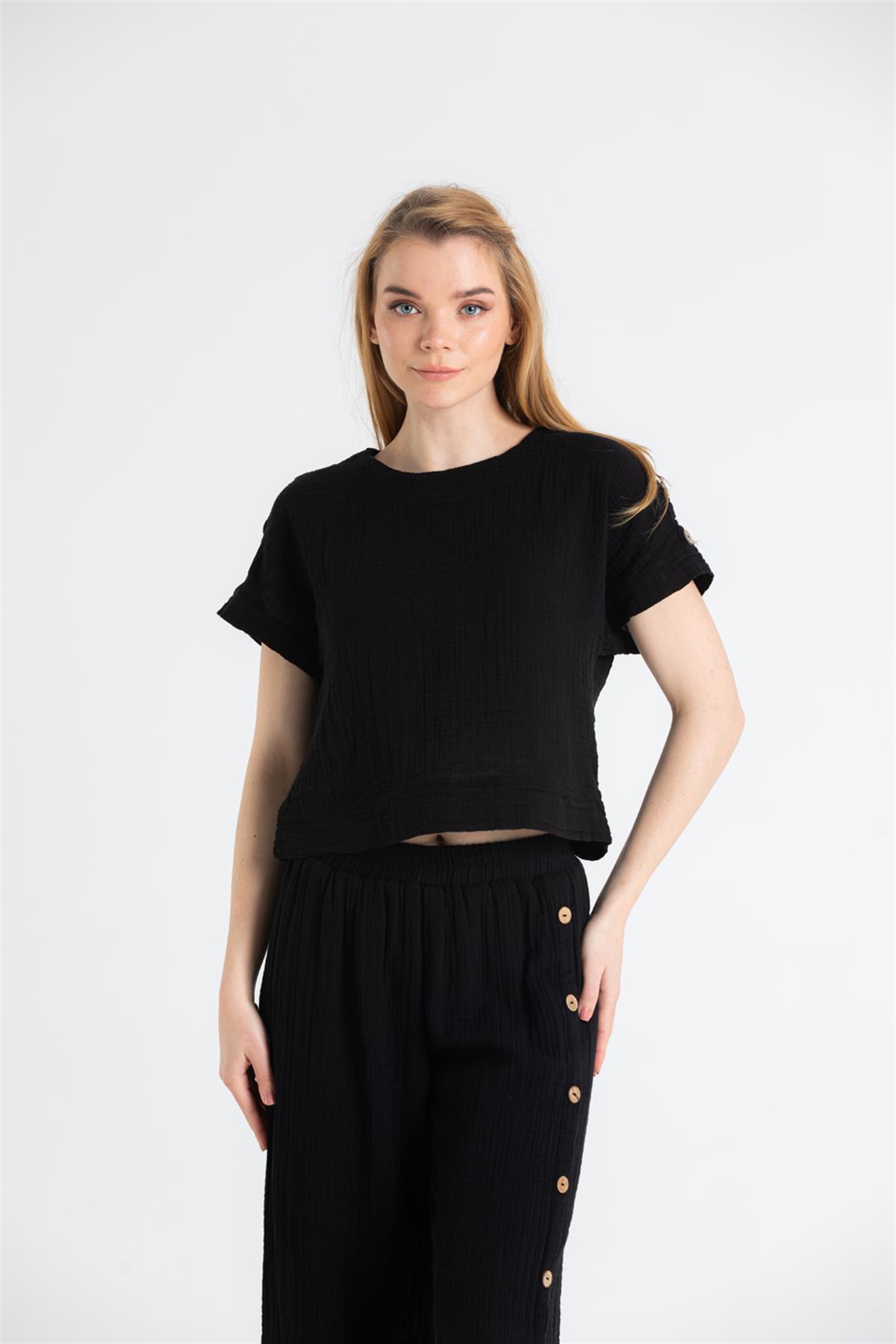 Button Trim Short Sleeve Muslin Blouse - trendynow