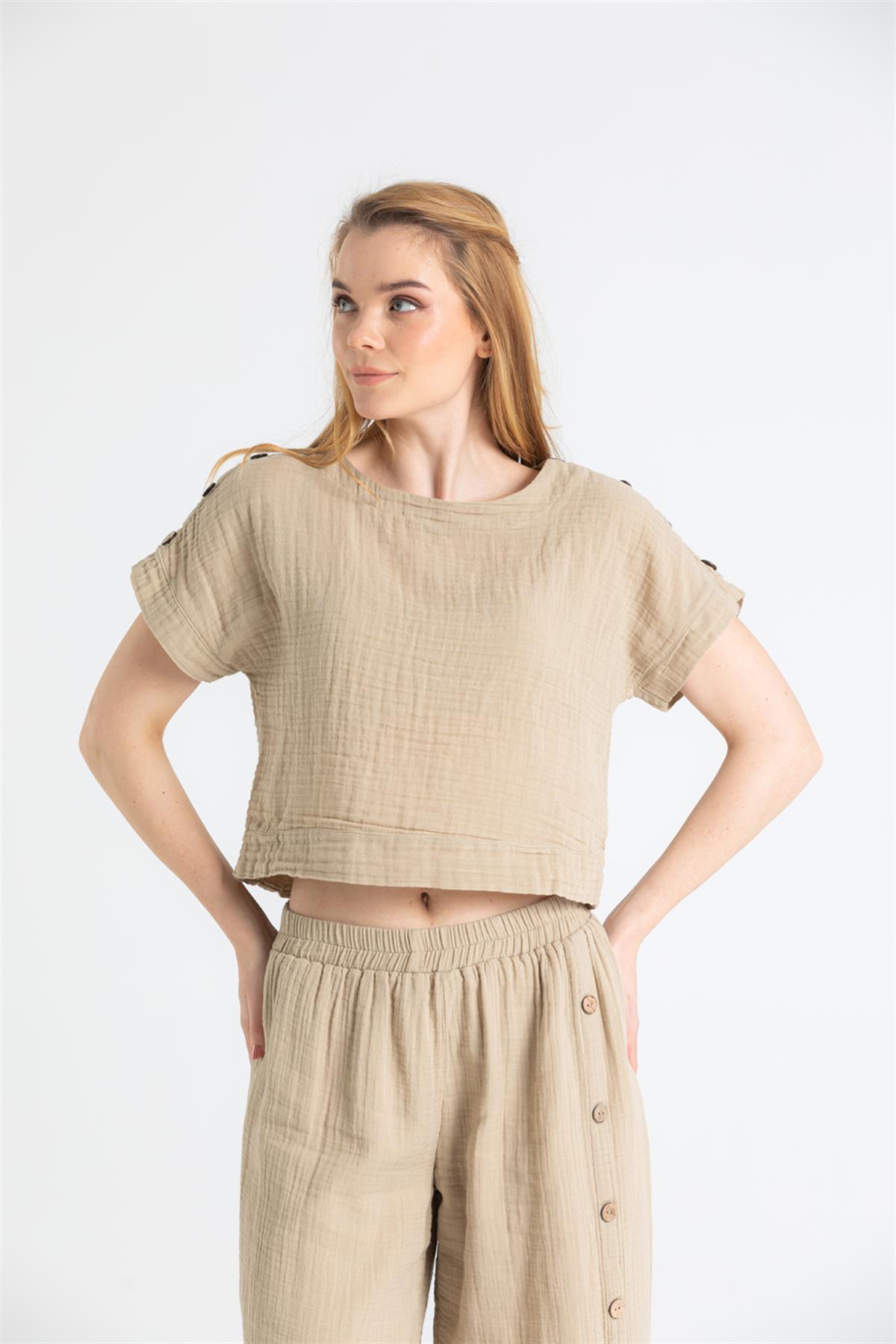 Button Trim Short Sleeve Muslin Blouse - trendynow