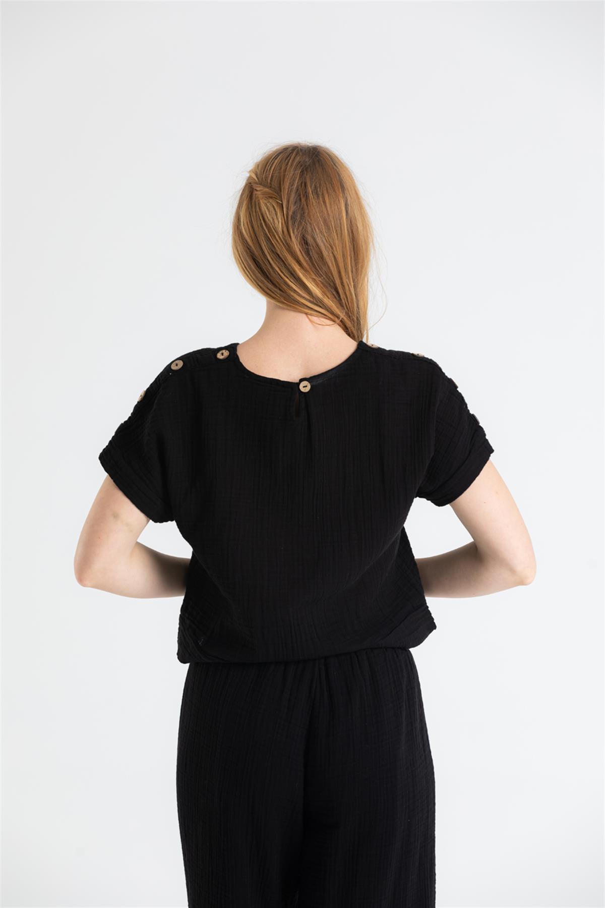 Button Trim Short Sleeve Muslin Blouse - trendynow