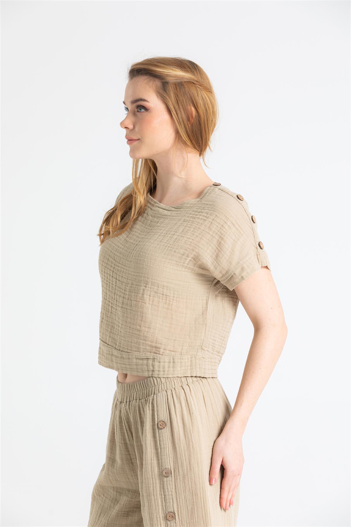 Button Trim Short Sleeve Muslin Blouse - trendynow