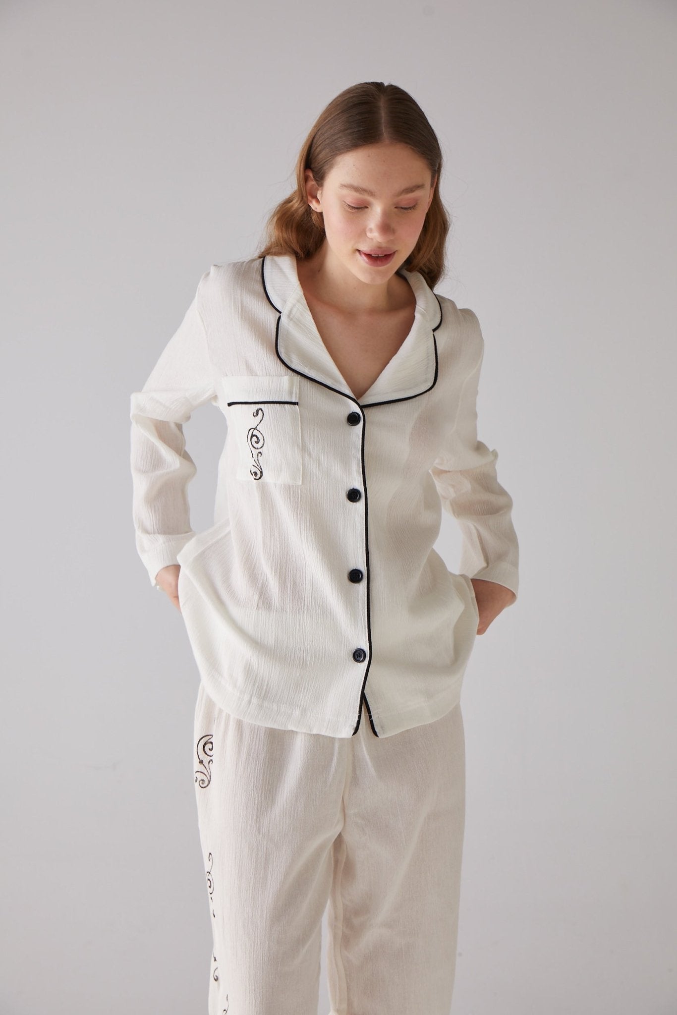 Clef Pattern White Long Pyjama Set - 100% Organic Cotton - trendynow