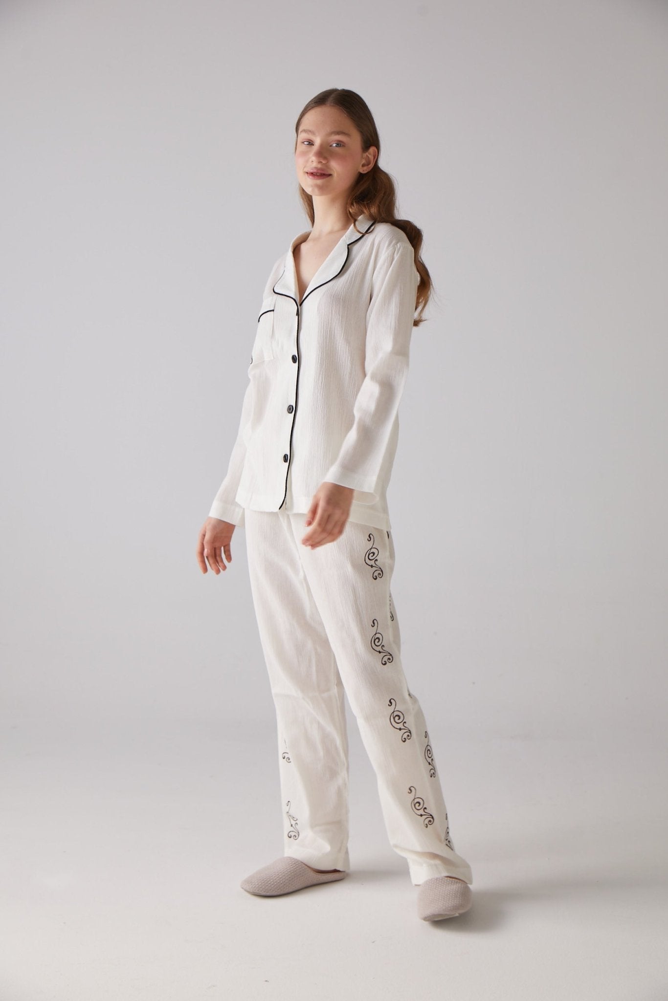 Clef Pattern White Long Pyjama Set - 100% Organic Cotton - trendynow