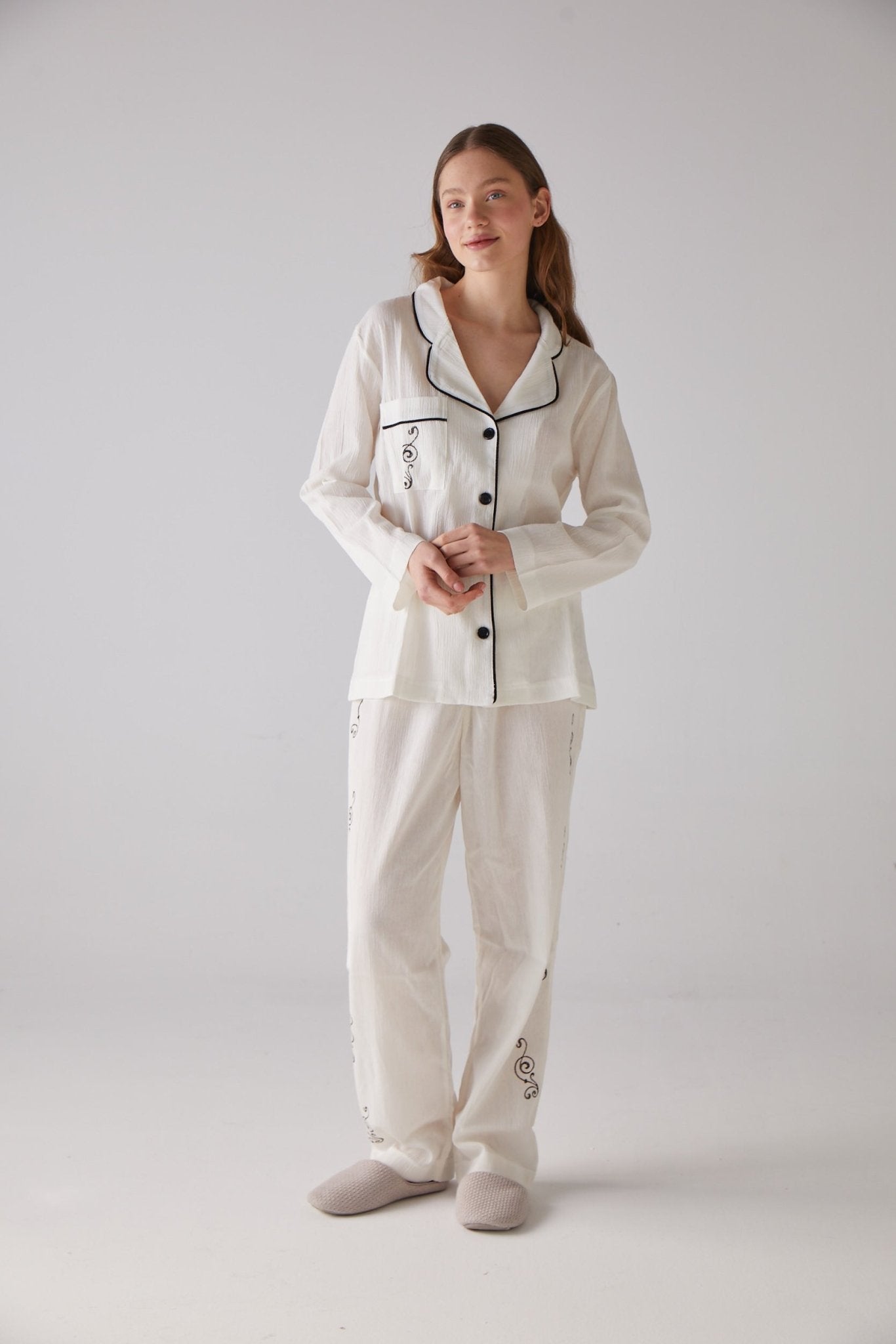 Clef Pattern White Long Pyjama Set - 100% Organic Cotton - trendynow