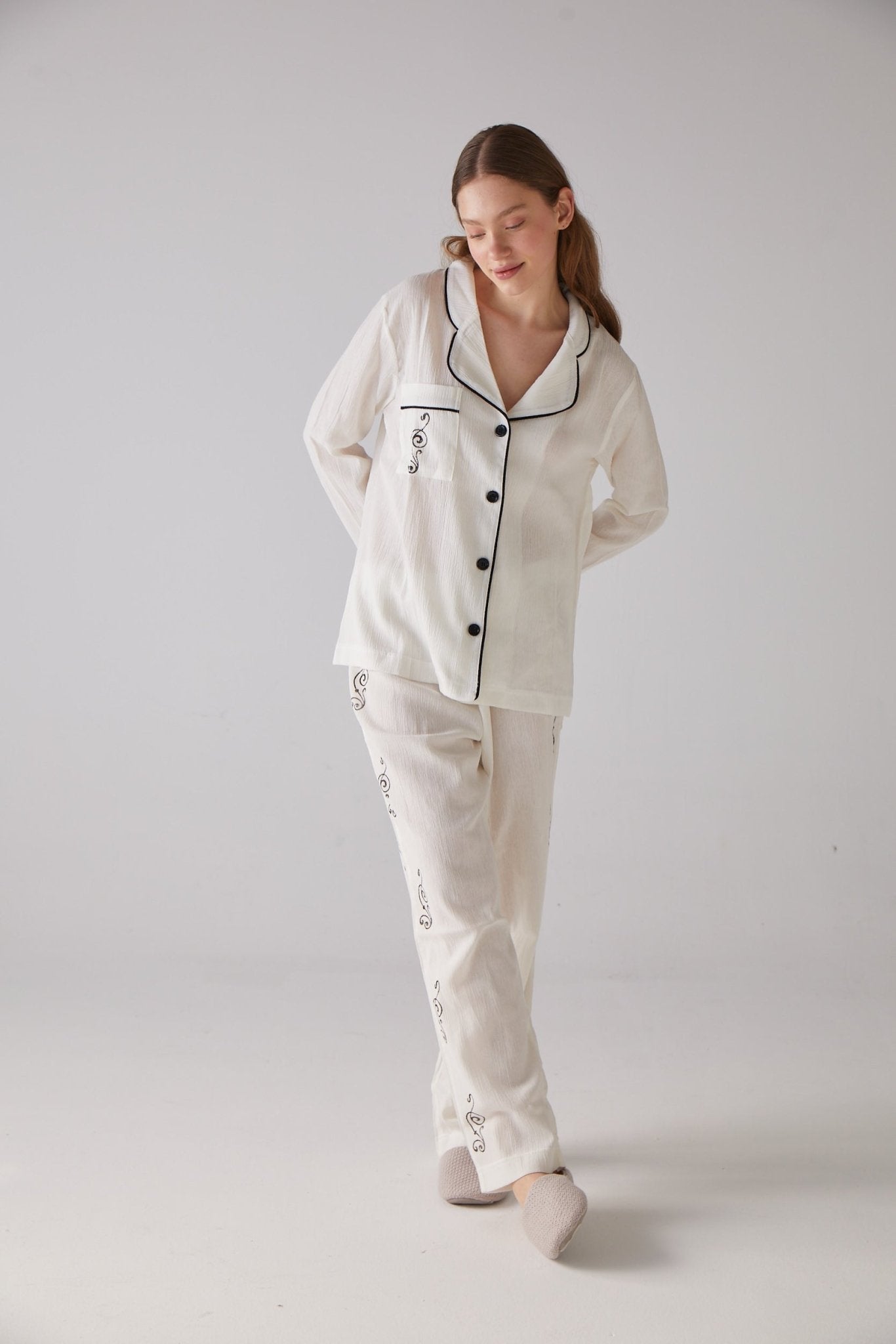 Clef Pattern White Long Pyjama Set - 100% Organic Cotton - trendynow