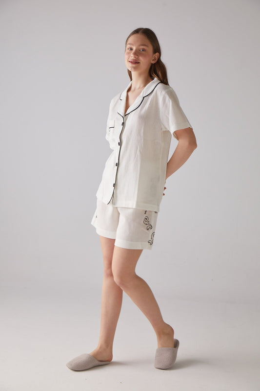 Clef Pattern White Short Pyjama Set - 100% Organic Cotton - trendynow