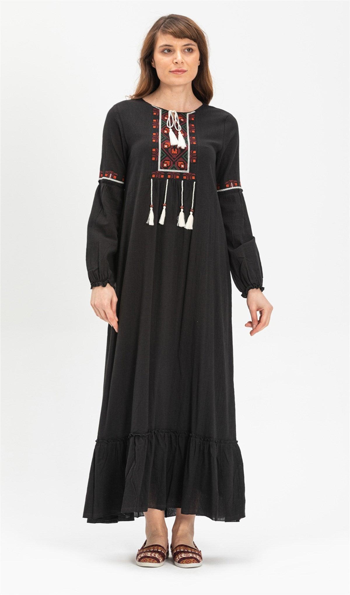 Cross - stitch Embroidery Tassels Detail Long Sleeve Long Dress - trendynow