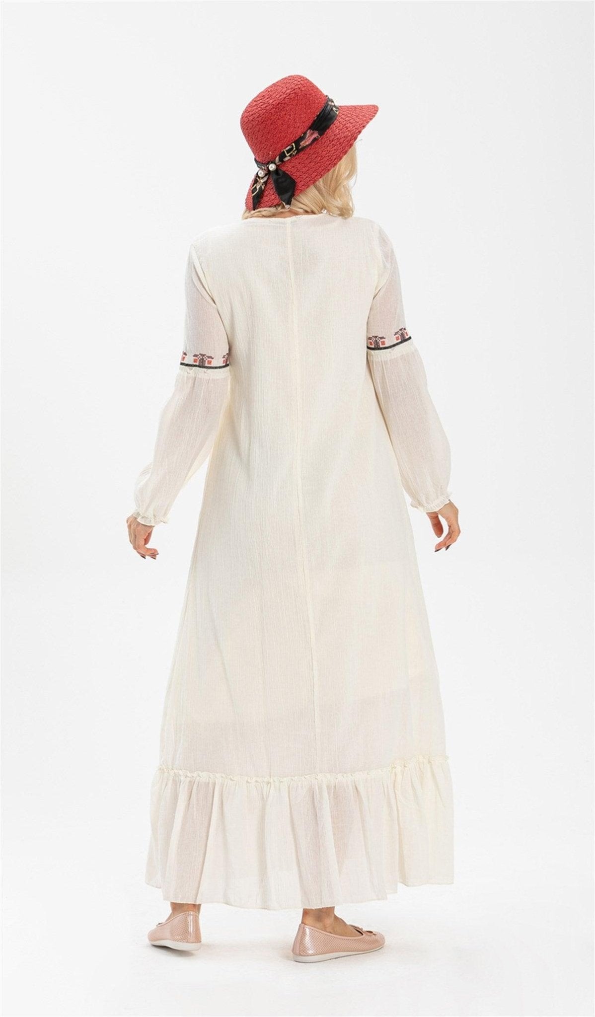 Cross - stitch Embroidery Tassels Detail Long Sleeve Long Dress - trendynow