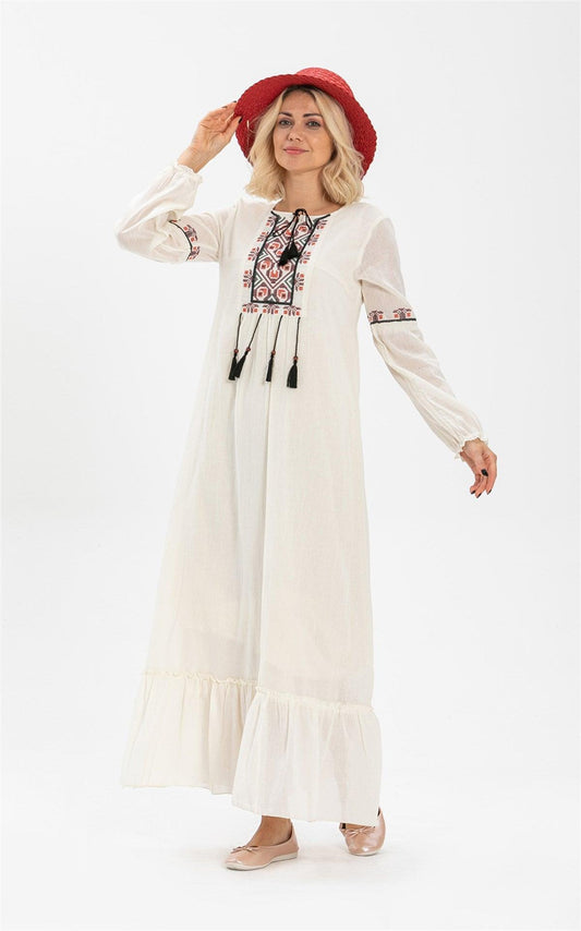 Cross - stitch Embroidery Tassels Detail Long Sleeve Long Dress - trendynow