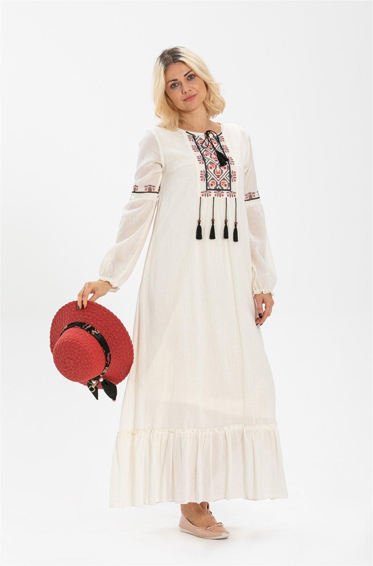 Cross - stitch Embroidery Tassels Detail Long Sleeve Long Dress - trendynow