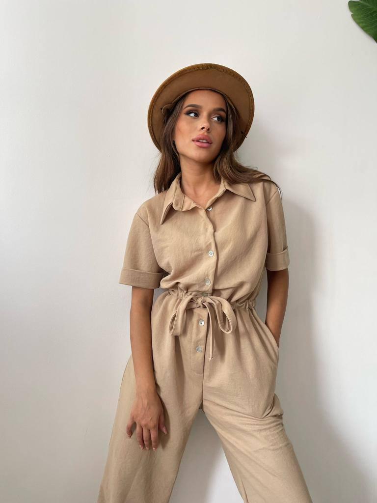 Drawstring waist shirt jumpsuit in beige - trendynow