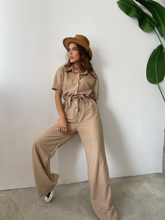 Drawstring waist shirt jumpsuit in beige - trendynow