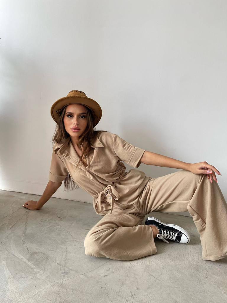 Drawstring waist shirt jumpsuit in beige - trendynow