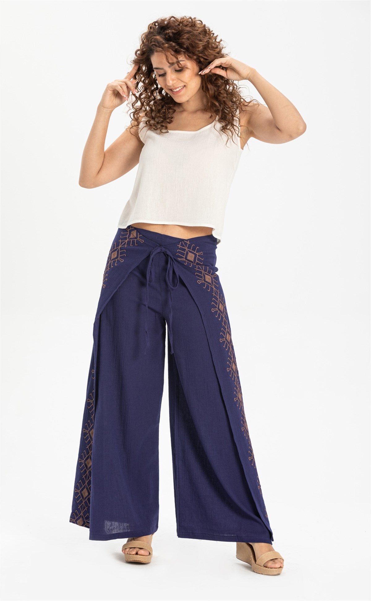 Embroidered Lace - up Riddle Trousers - trendynow