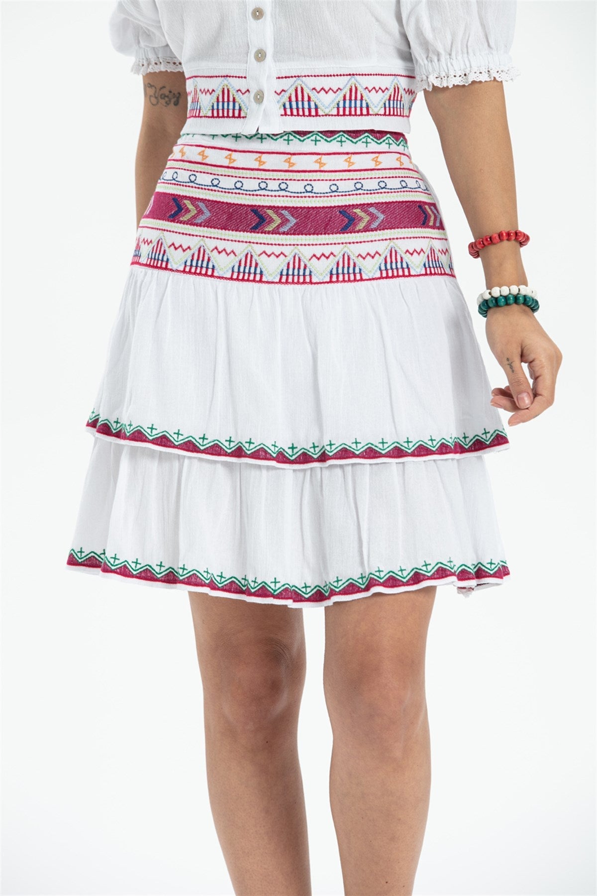 Ethnic Embriodered White Flare Mini Skirt - trendynow