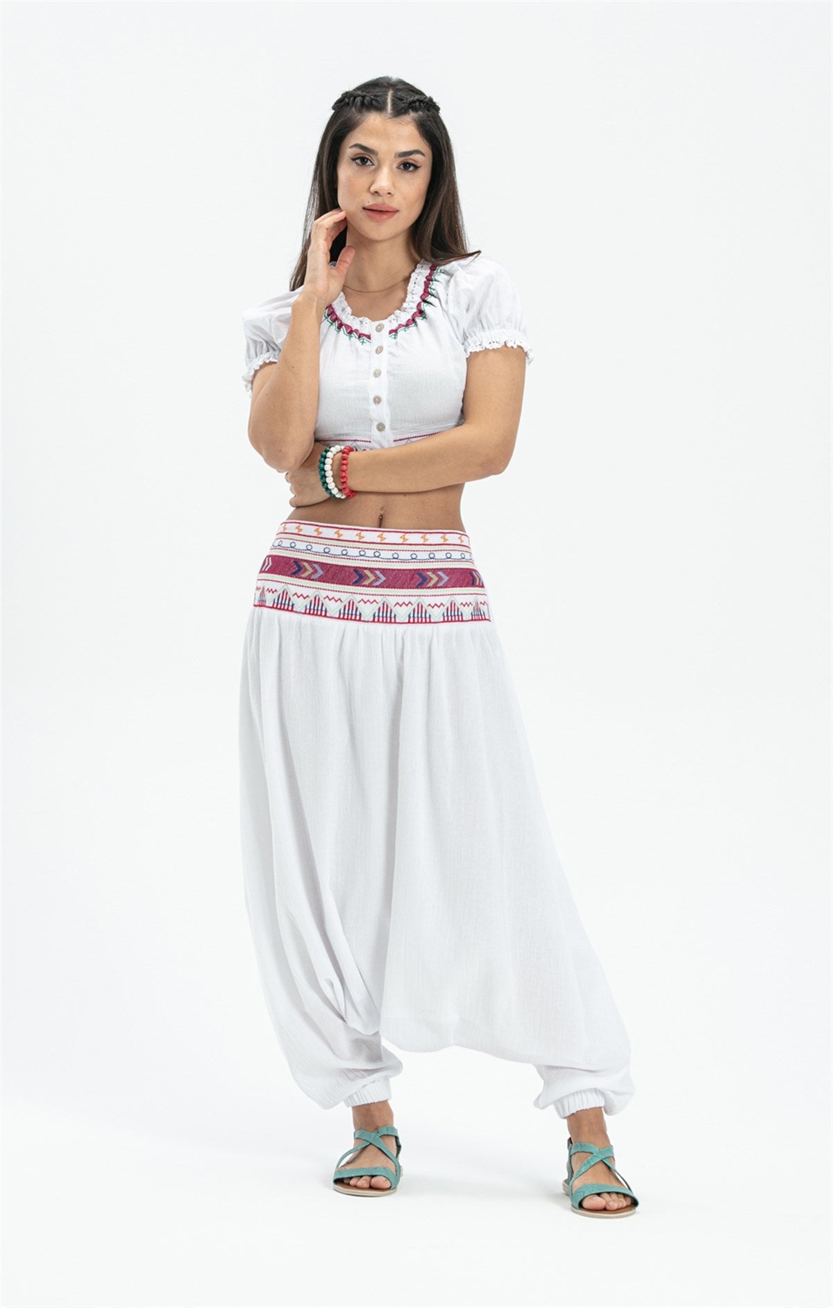 Ethnic Embroidered Elasticated Waist White Shalwar - trendynow