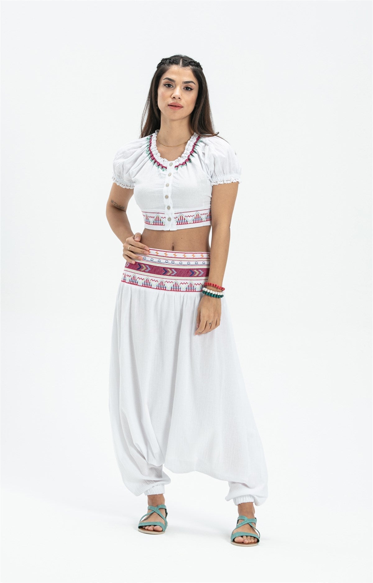 Ethnic Embroidered Elasticated Waist White Shalwar - trendynow