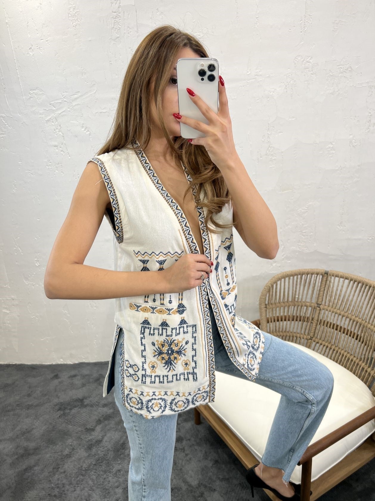 Ethnic Embroidered Hip Level Sleeveless Linen Waistcoat In Natural Beige - trendynow