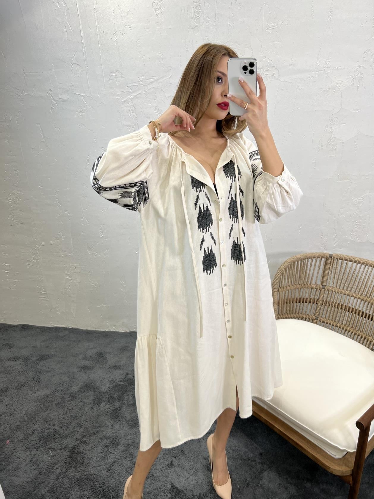 Ethnic Embroidered Long Puff Sleeve Midi Linen Shirt Dress In Natural Beige - trendynow