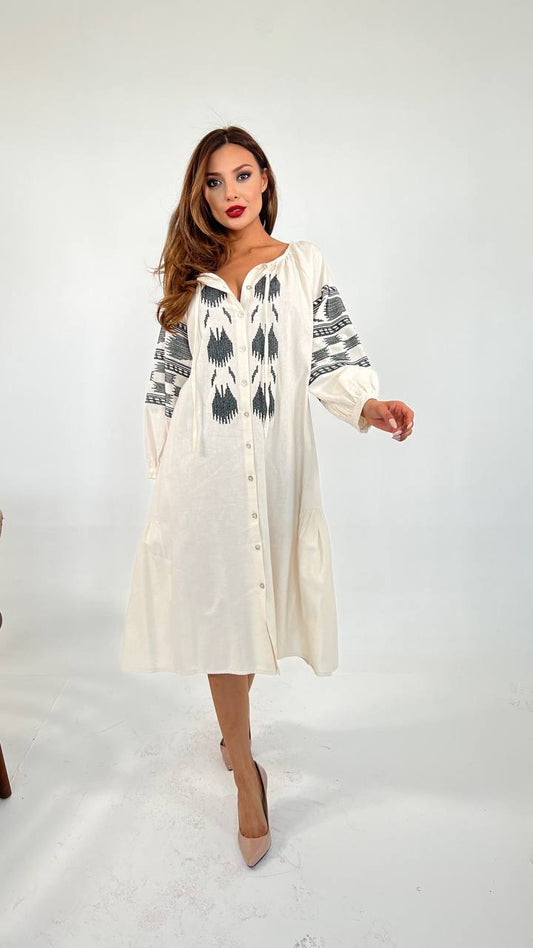 Ethnic Embroidered Long Puff Sleeve Midi Linen Shirt Dress In Natural Beige - trendynow