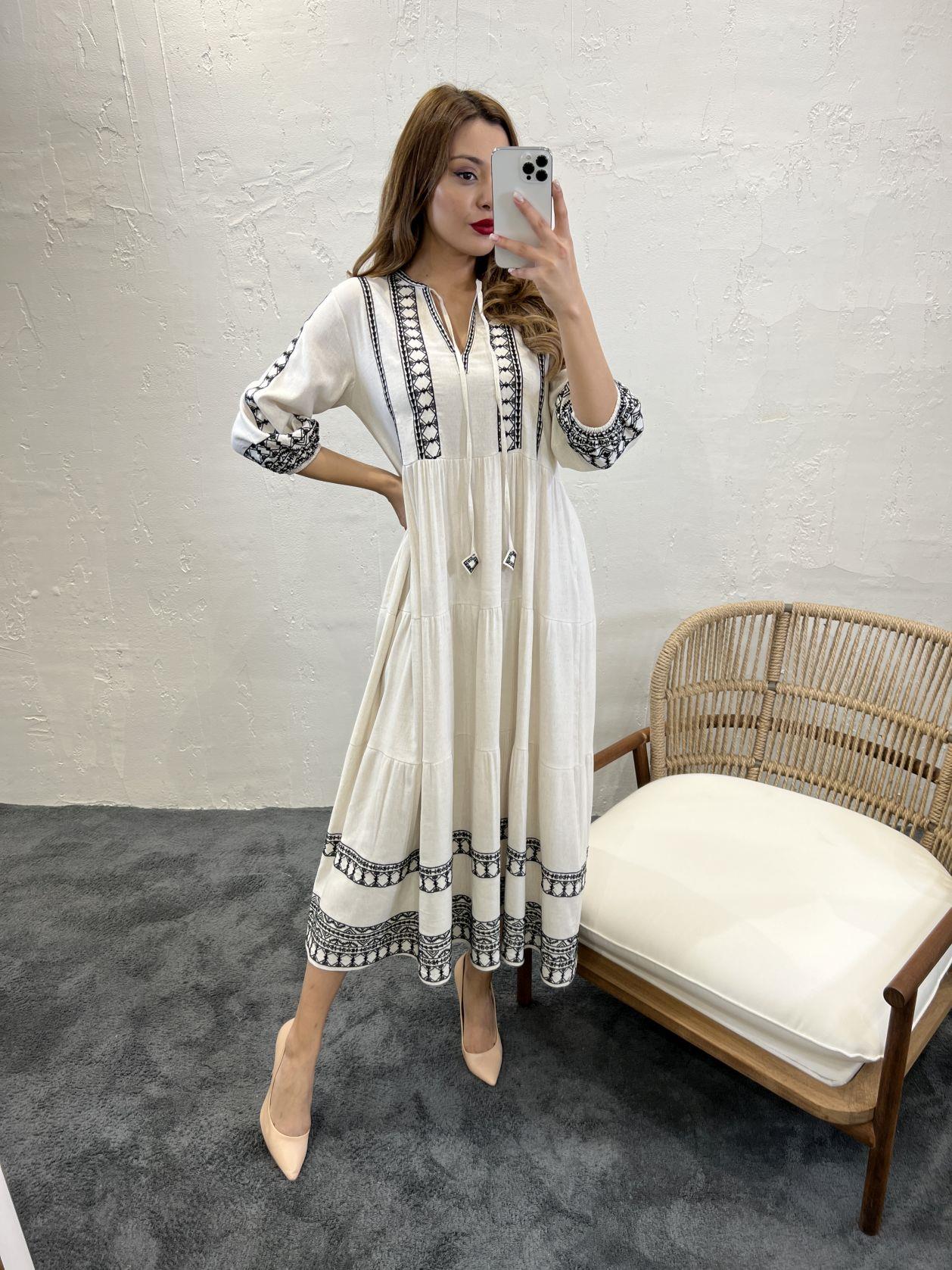 Ethnic Embroidered Long Slevees Midi Linen Smock Dress In Natural Beige - trendynow