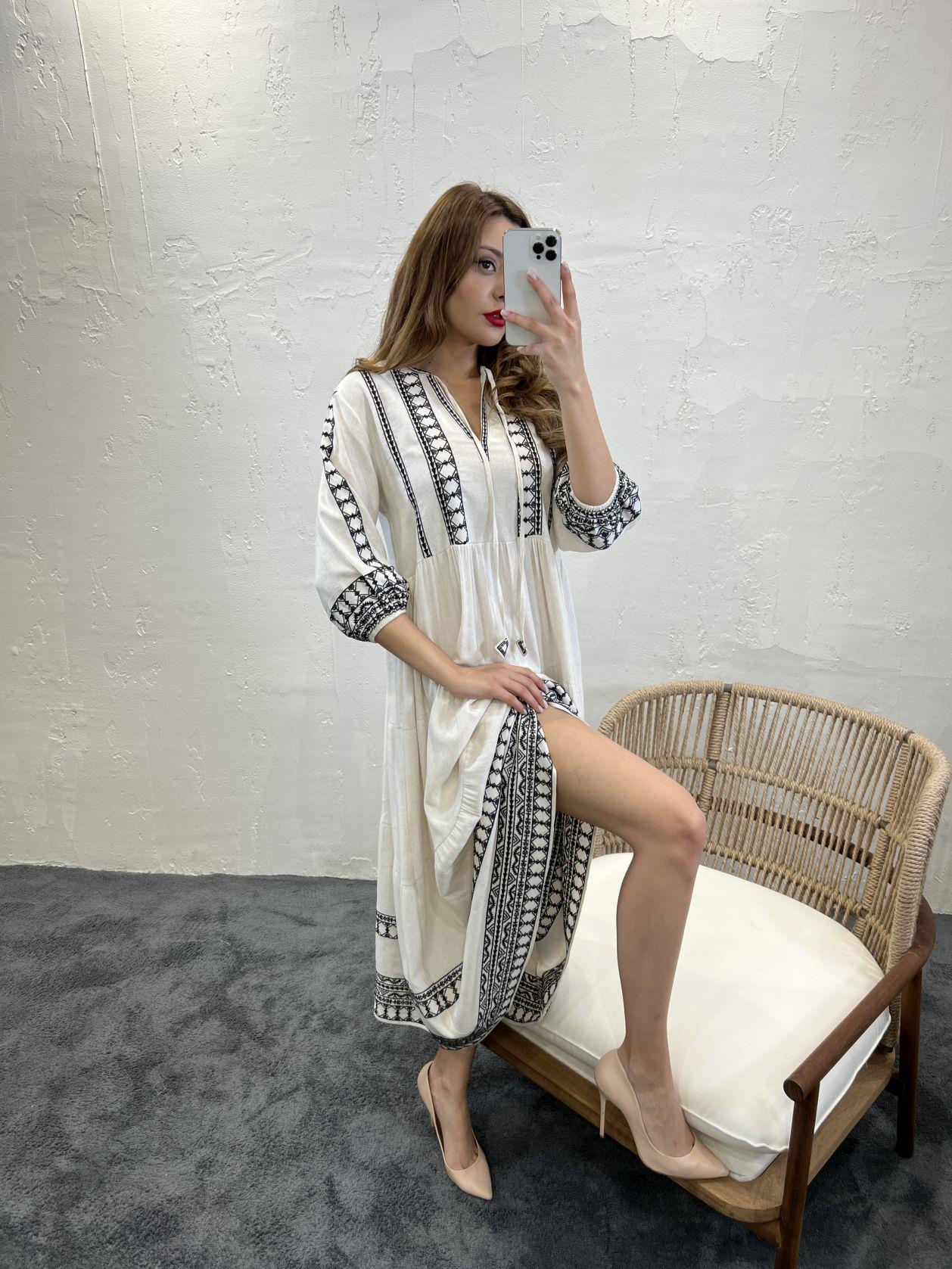 Ethnic Embroidered Long Slevees Midi Linen Smock Dress In Natural Beige - trendynow