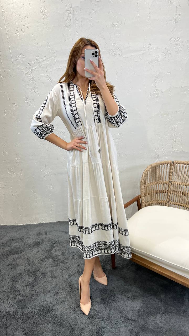 Ethnic Embroidered Long Slevees Midi Linen Smock Dress In Natural Beige - trendynow