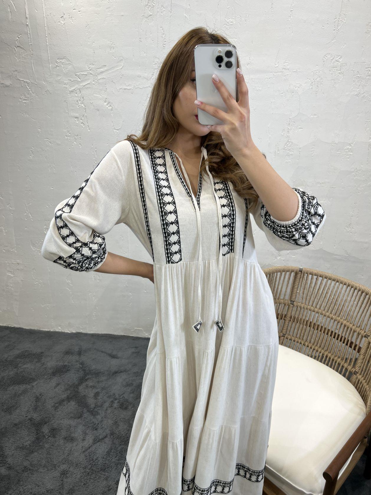 Ethnic Embroidered Long Slevees Midi Linen Smock Dress In Natural Beige - trendynow