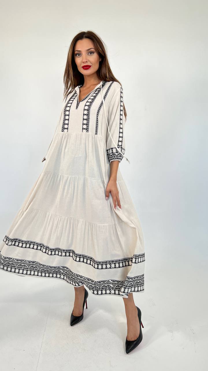 Ethnic Embroidered Long Slevees Midi Linen Smock Dress In Natural Beige - trendynow