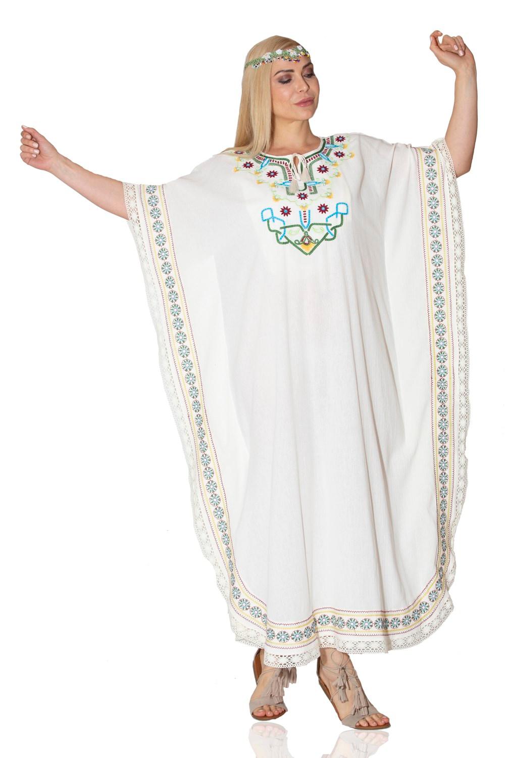 Ethnic Embroidered Short Sleeve Long Dress With Guipure Lace Trim And Ties - trendynow