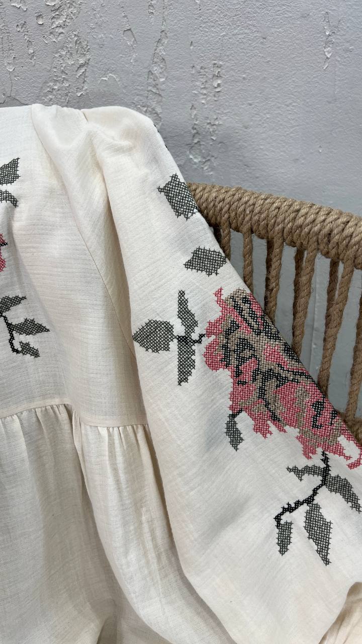 Floral Cross - stitch Embroidered Linen Shirt In Natural Beige - trendynow