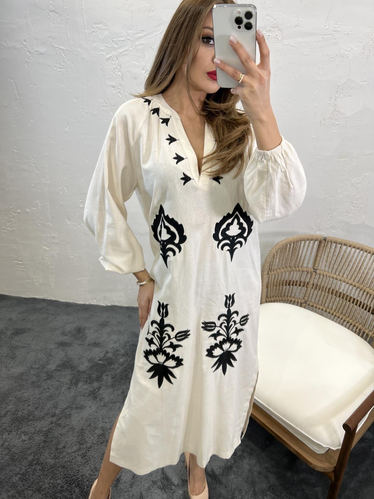 Floral Embroidered Long Slevees Midi Linen Dress In Natural Beige - trendynow