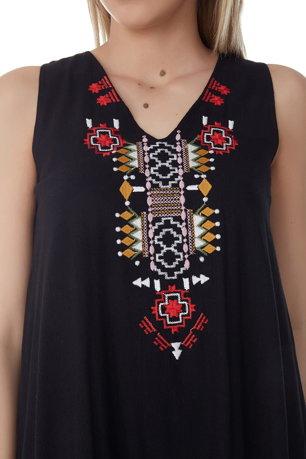 Sleeveless Ethnic Embroidery Midi Length Dress made of Sile Cloth