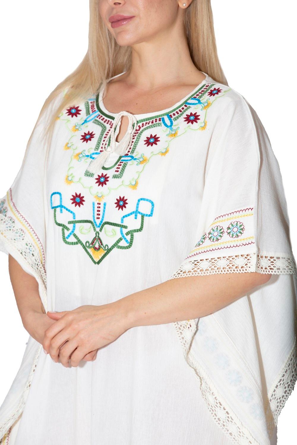 Ethnic Embroidered Short Sleeve Long Dress With Guipure Lace Trim And Ties - trendynow