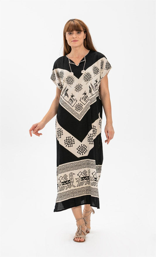 Short Sleeve Cotton Geo Printed Long Dress - trendynow