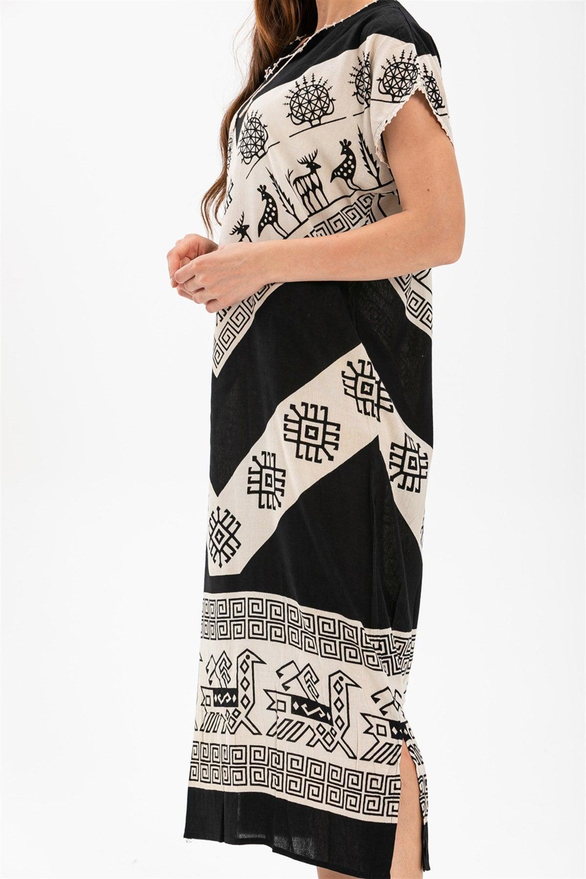 Short Sleeve Cotton Geo Printed Long Dress - trendynow