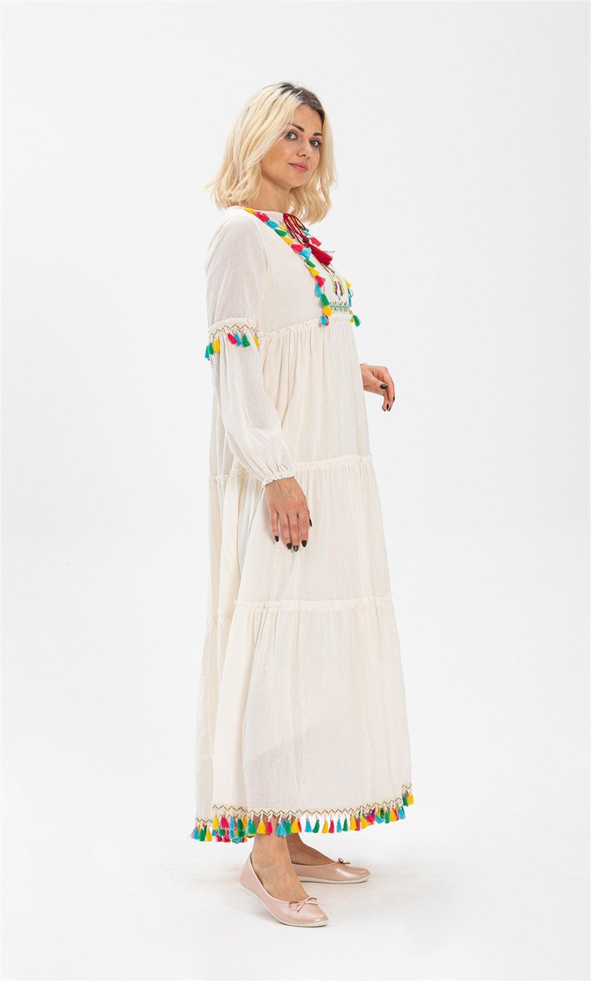 Long Sleeve Colorful Tasseled and Embroidered Long Dress - trendynow