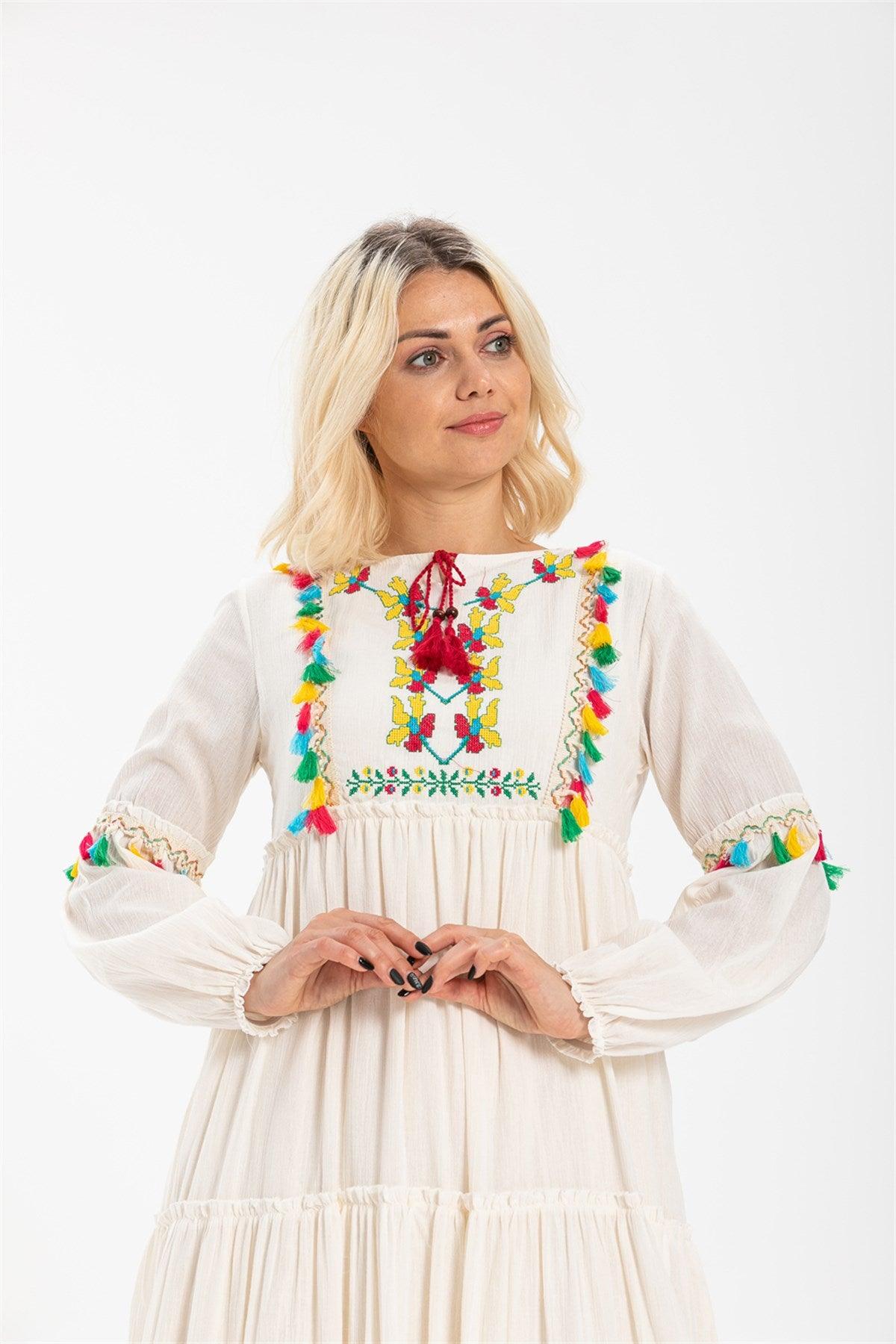 Long Sleeve Colorful Tasseled and Embroidered Long Dress - trendynow