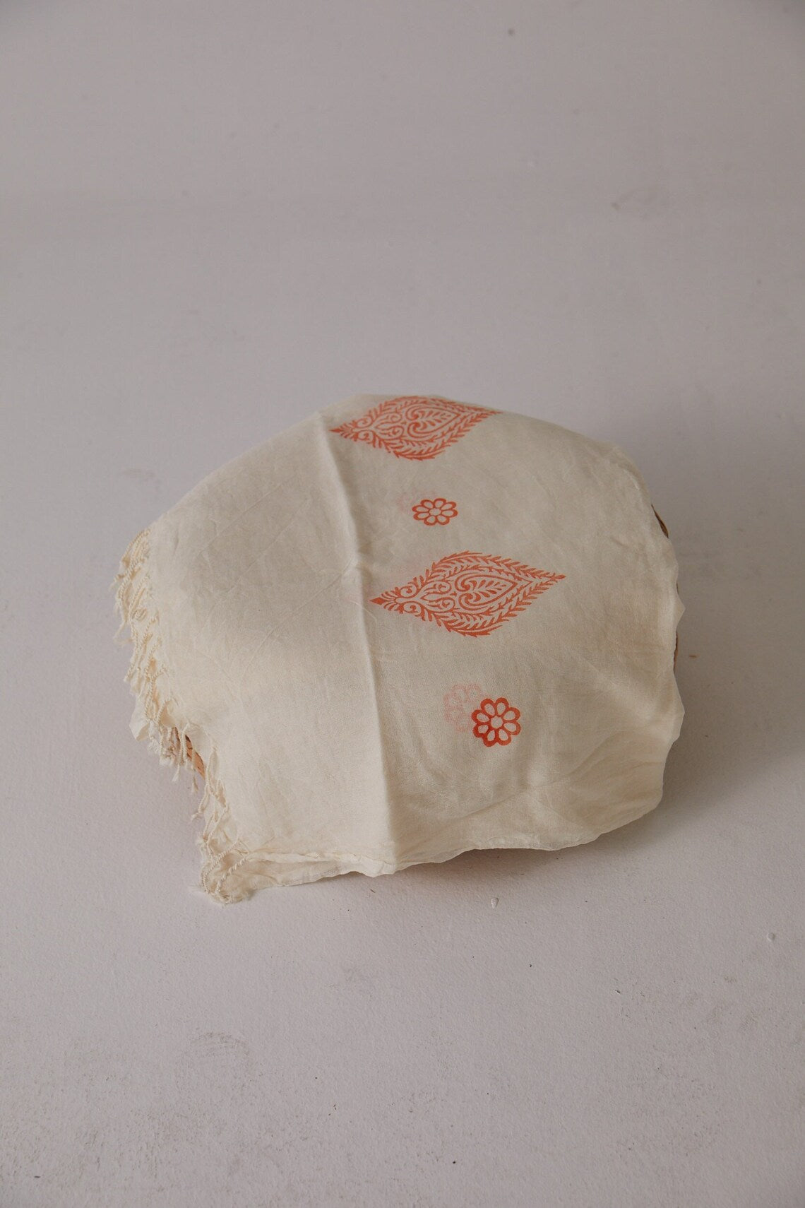 Orange damask pattern woodcut print Pareo ( 95cm*190cm) - 100% Organic Cotton in natural beige