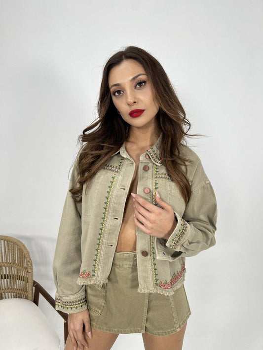 Khaki Jacket with embroidery - trendynow