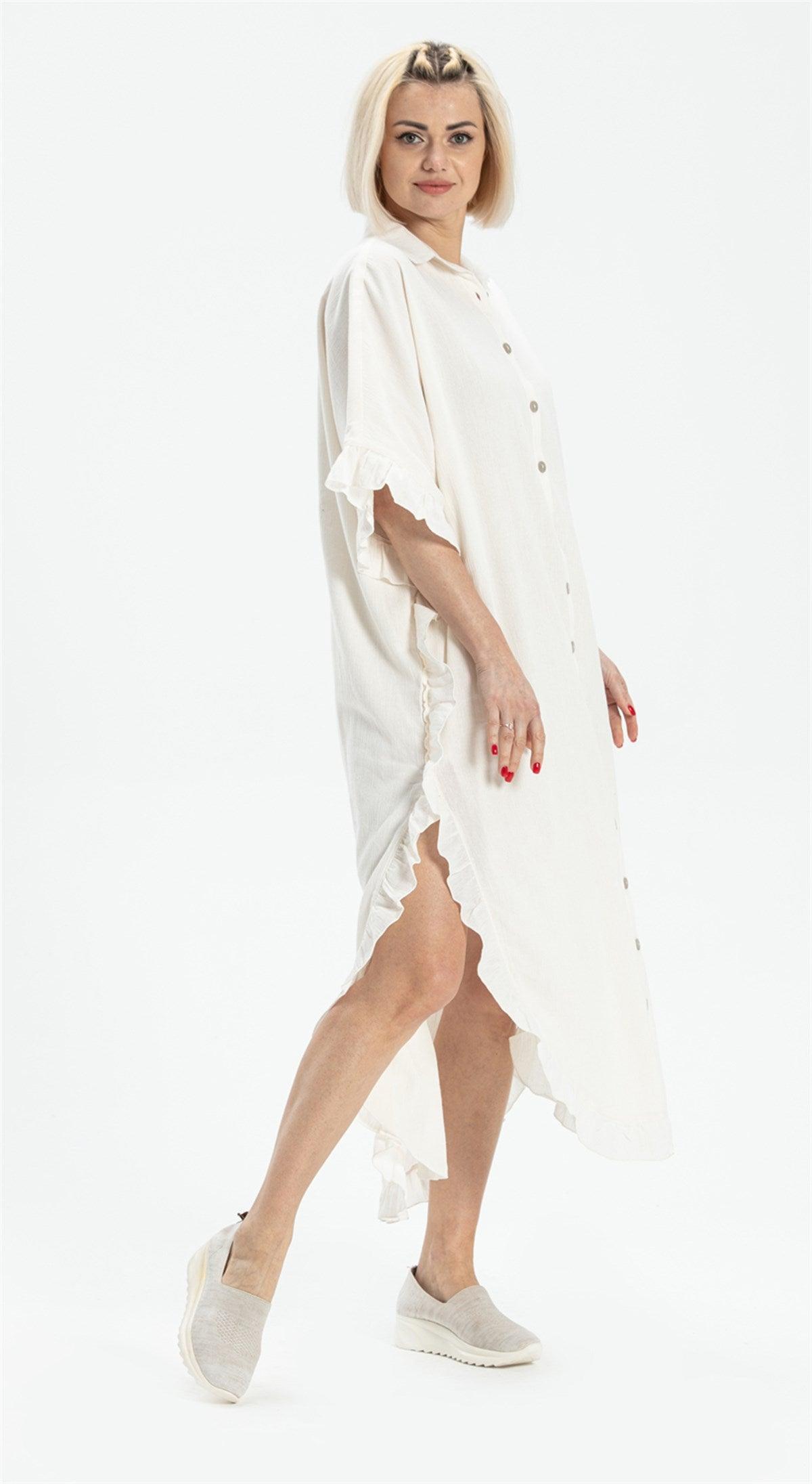 Short Sleeve Ruffle Details and Button Fastening Long Shirt Dress - trendynow
