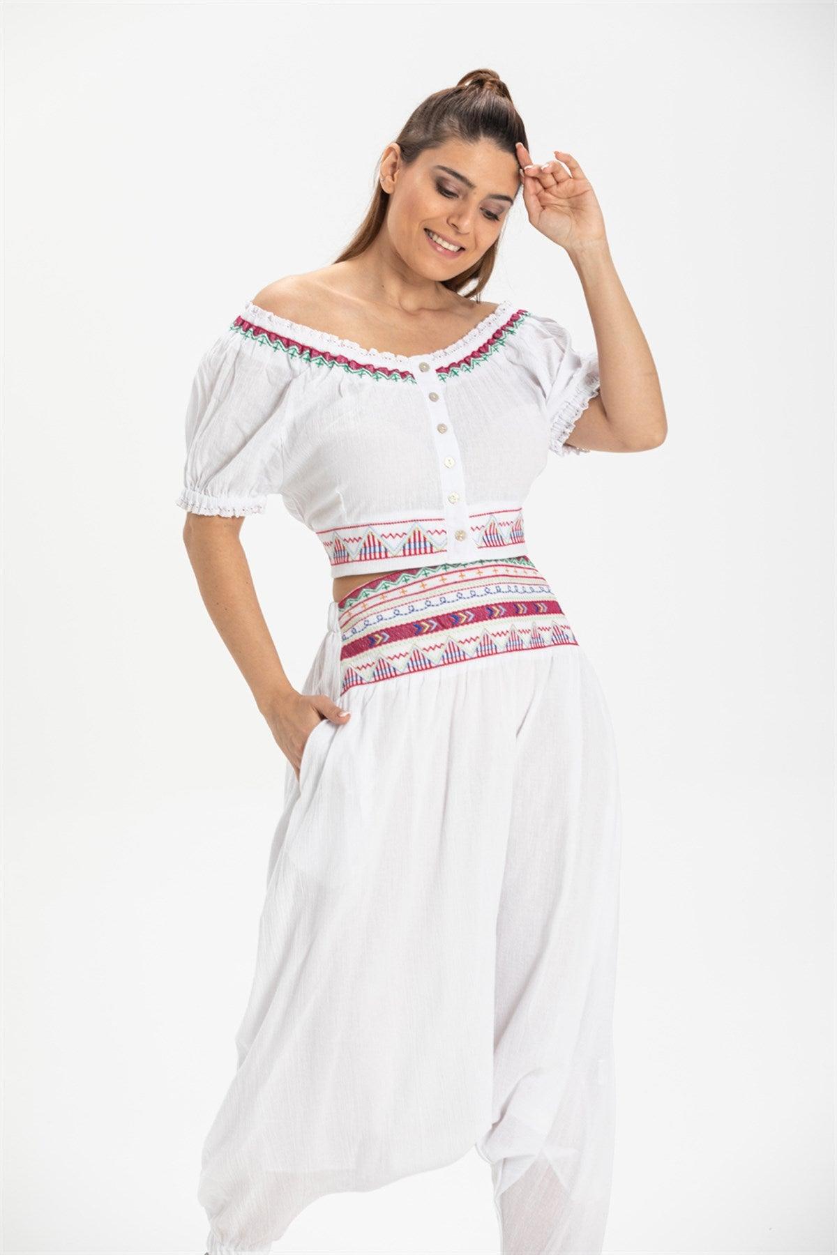 Short Sleeve Off The Shoulder Ethnic Embroidered Button Down White Bustier - trendynow