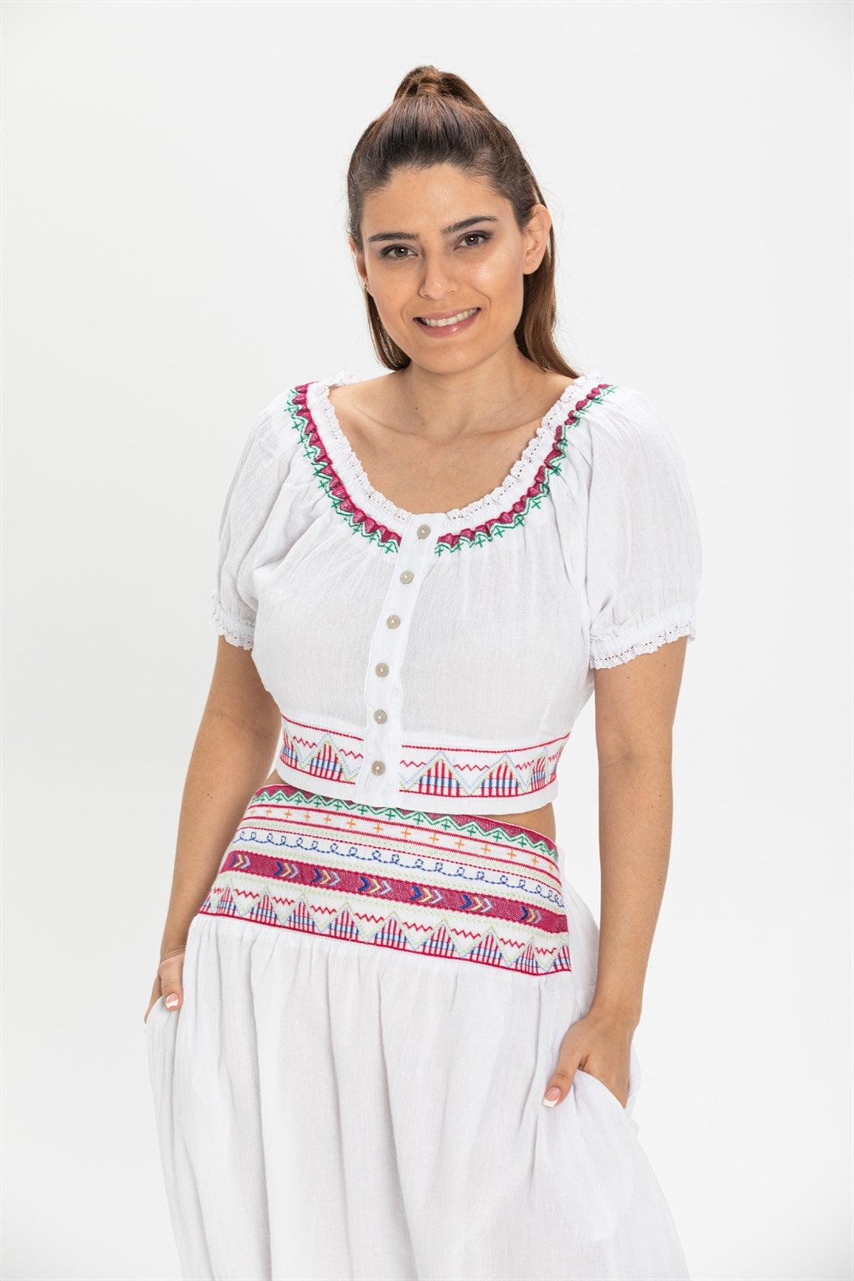 Short Sleeve Off The Shoulder Ethnic Embroidered Button Down White Bustier - trendynow