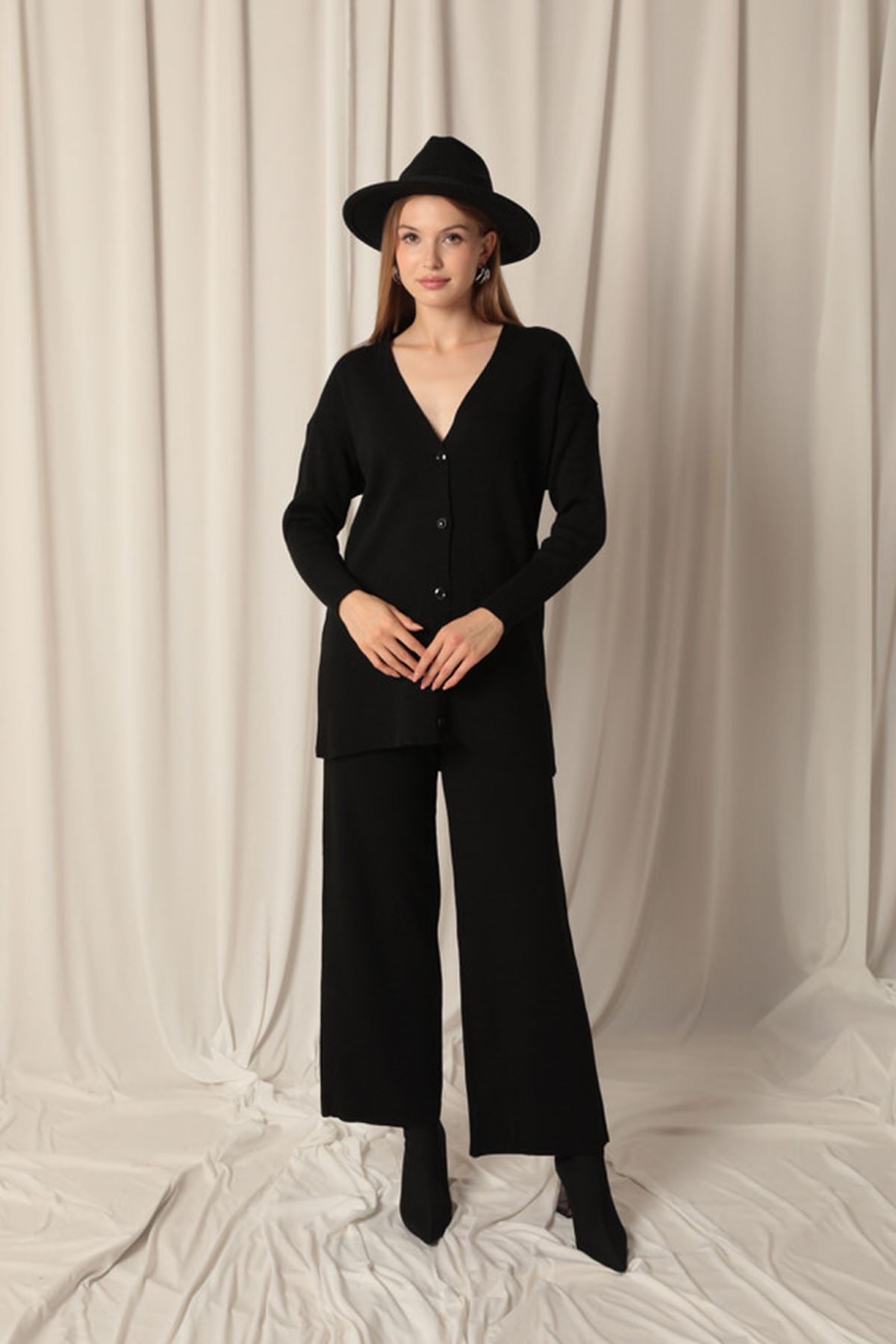 Knitted Fabric Ribbed Women's Black Suit - trendynow