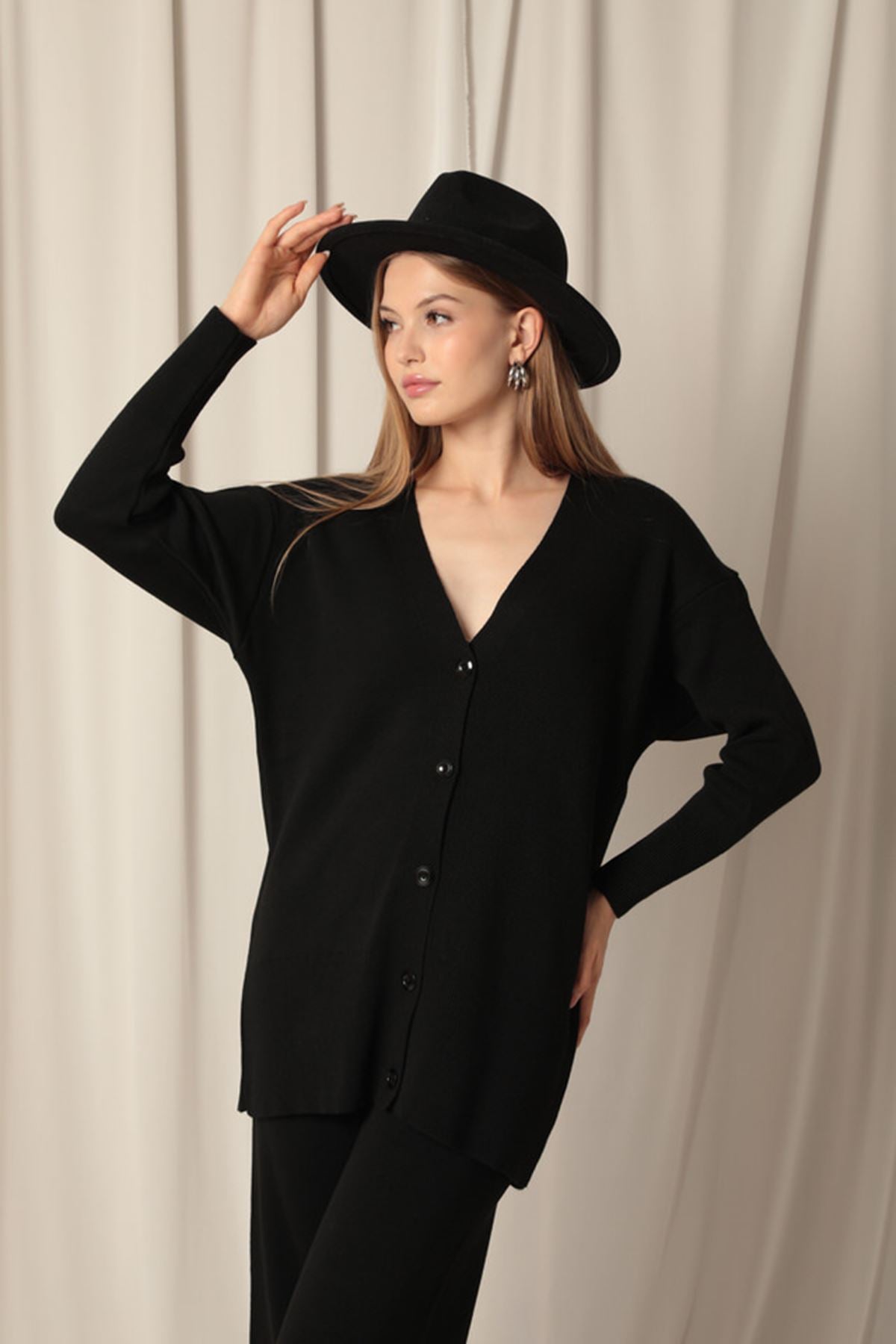 Knitted Fabric Ribbed Women's Black Suit - trendynow