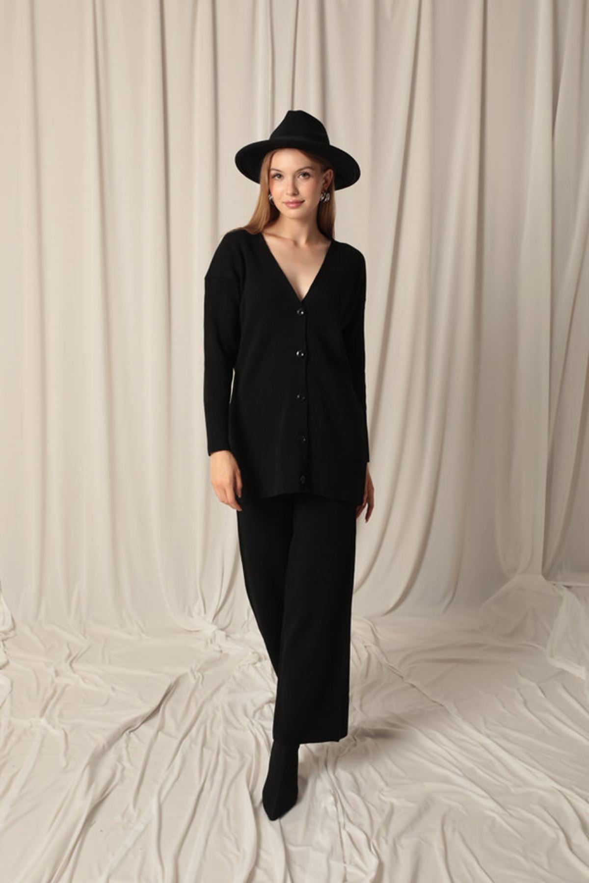 Knitted Fabric Ribbed Women's Black Suit - trendynow