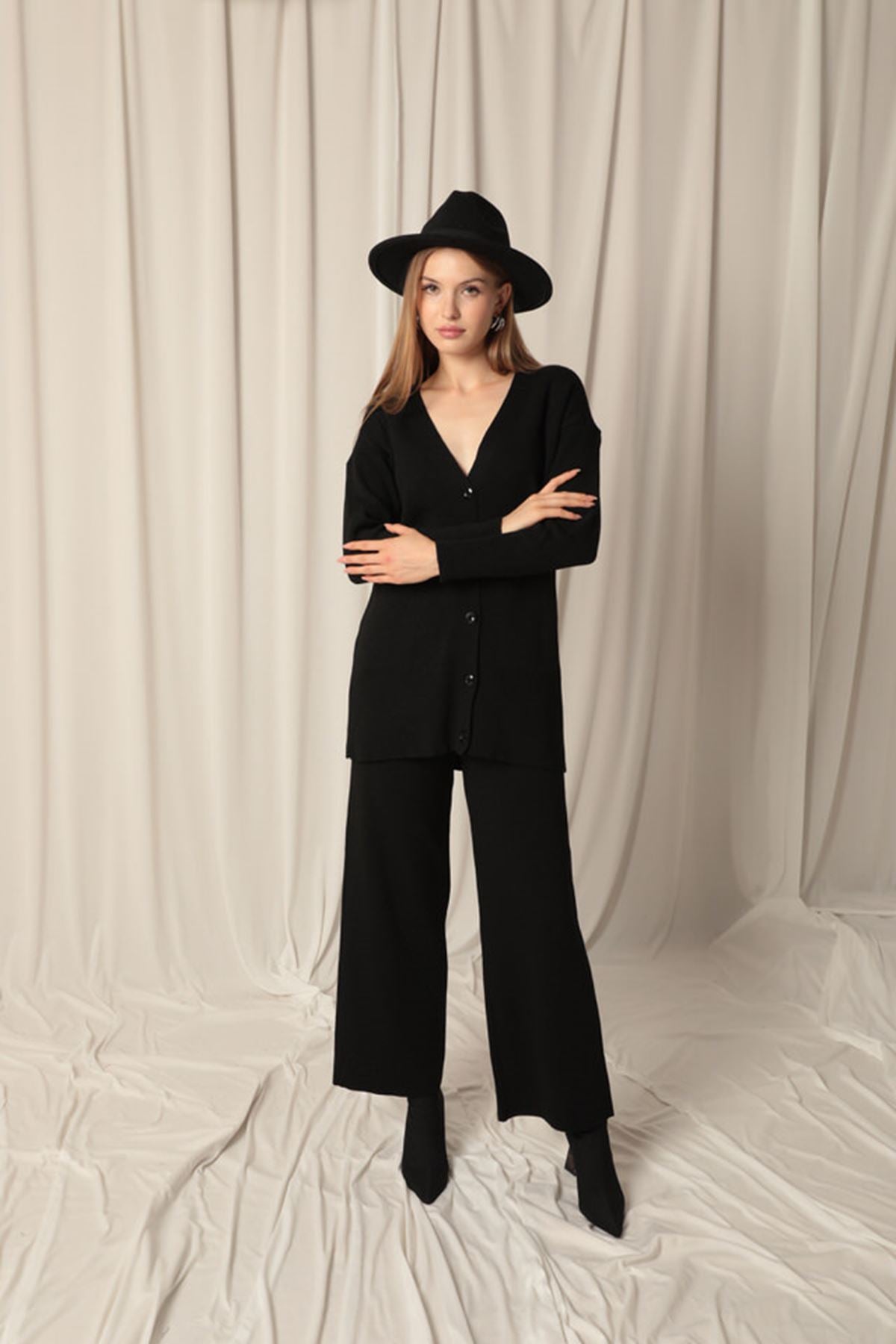 Knitted Fabric Ribbed Women's Black Suit - trendynow