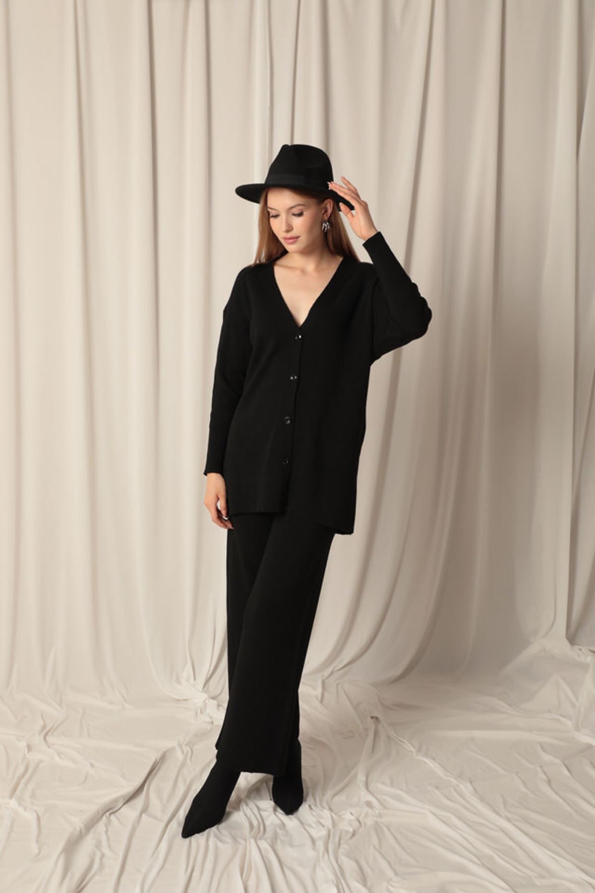 Knitted Fabric Ribbed Women's Black Suit - trendynow