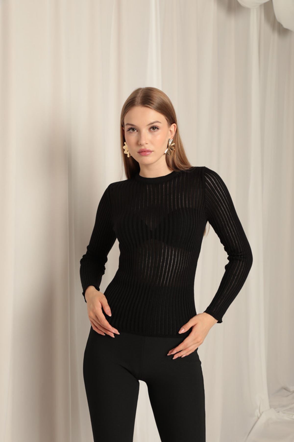 Knitwear Fabric Crew Neck Women's Black Blouse - trendynow